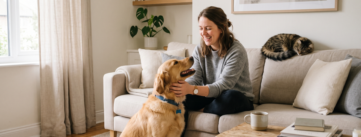 A woman sitting on a beige sofa in a bright living room, smiling and petting a golden retriever dog. A tabby cat is sleeping on the sofa, with a coffee table and framed wall art in the background.